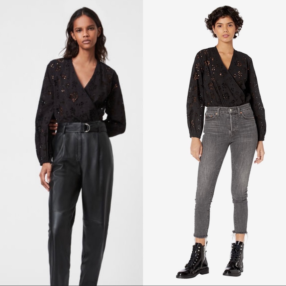 AllSaints Black Broderie Bodysuit Size 8